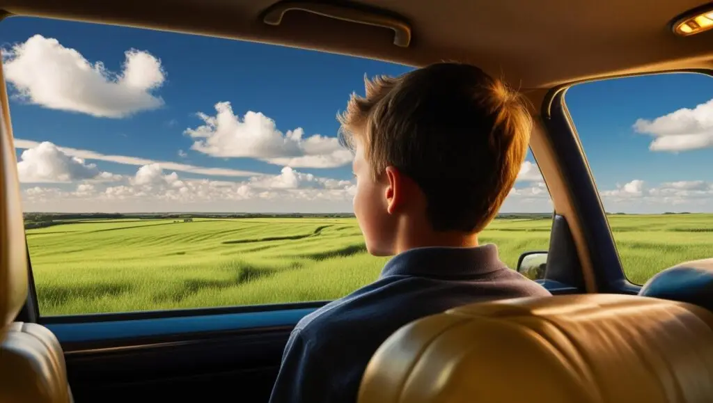 Boy Riding in Taxi Looking outside the window